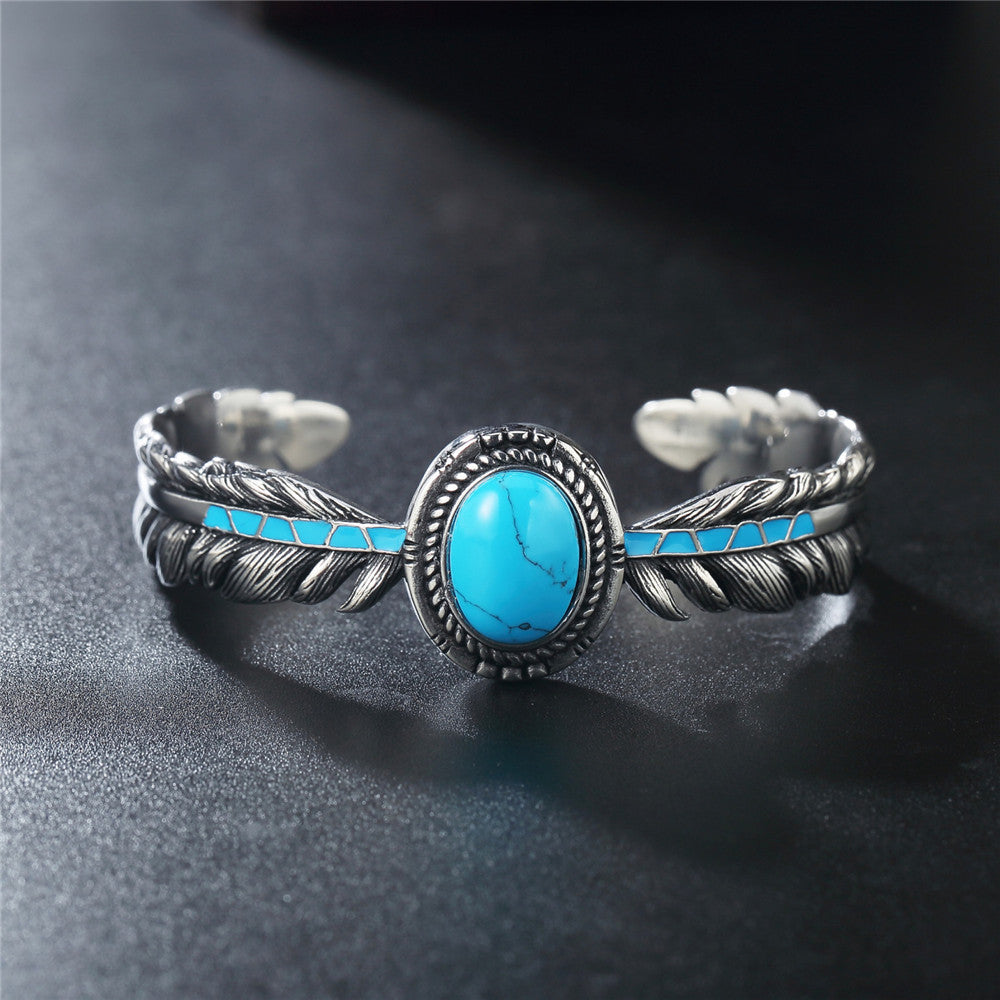 ✨ „Personality Retro Takahashi“ – Feder- & Türkis-Design Armband aus Titanstahl