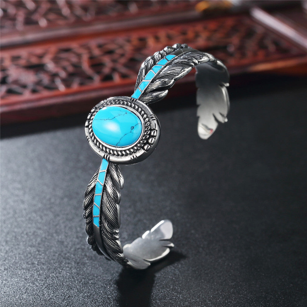 ✨ „Personality Retro Takahashi“ – Feder- & Türkis-Design Armband aus Titanstahl