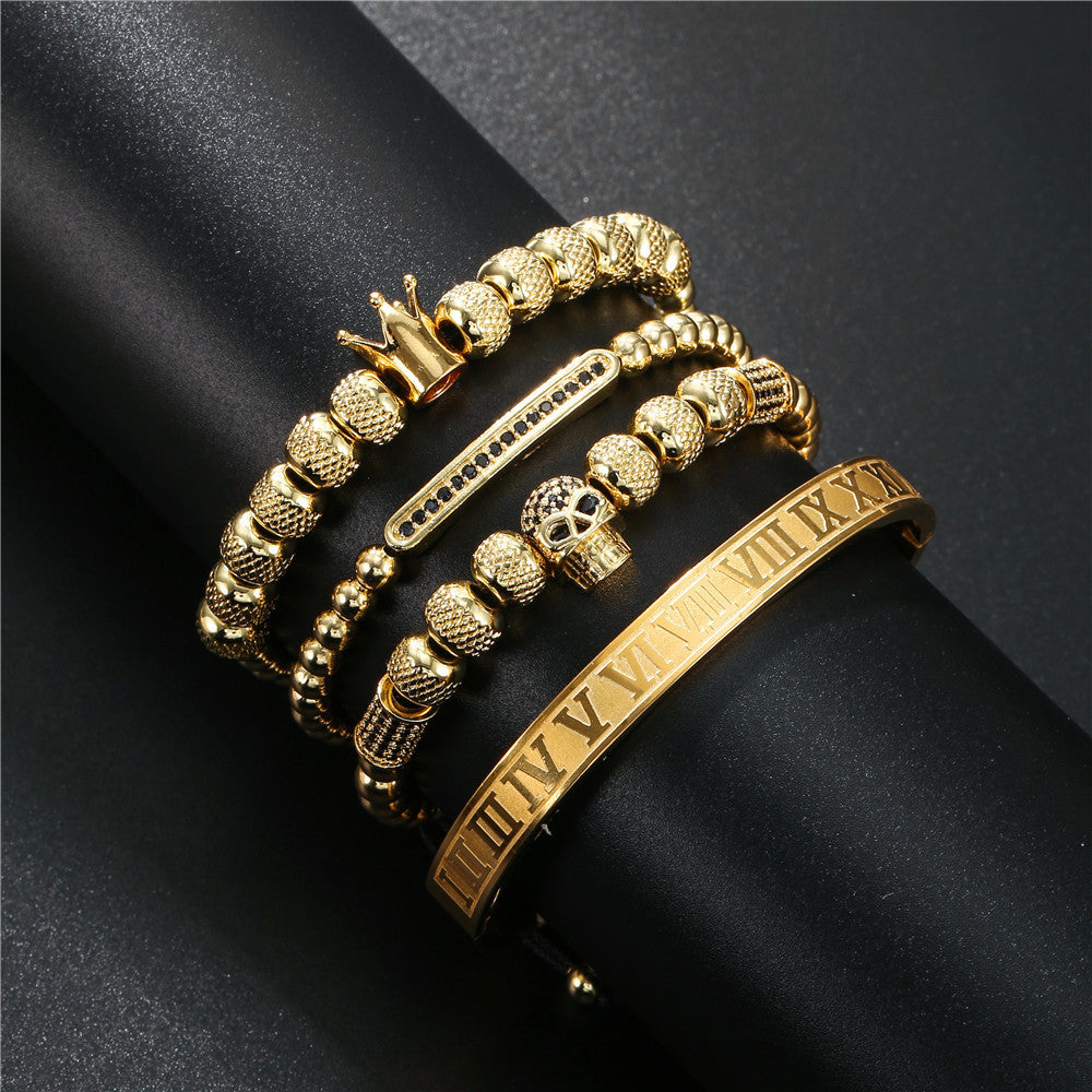 💀 „Stainless Steel Roman Letter Copper Inlaid Zircon Crown Skull Bracelet“ – Titanstahl-Armband mit römischen Zahlen, Krone und Zirkon