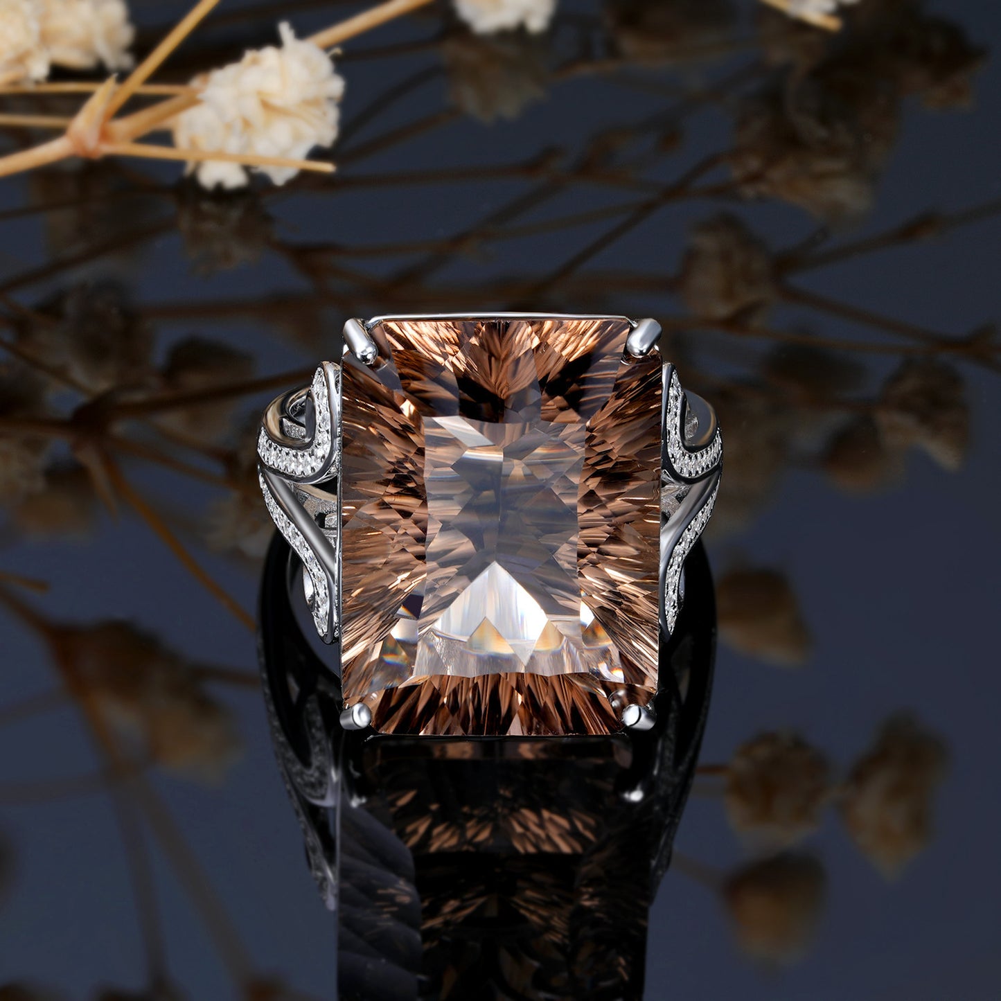 💎 „Natural Tea Crystal Ring – Geometrischer quadratischer Rauchquarzring aus 925er Silber“