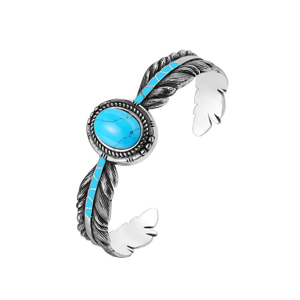 ✨ „Personality Retro Takahashi“ – Feder- & Türkis-Design Armband aus Titanstahl