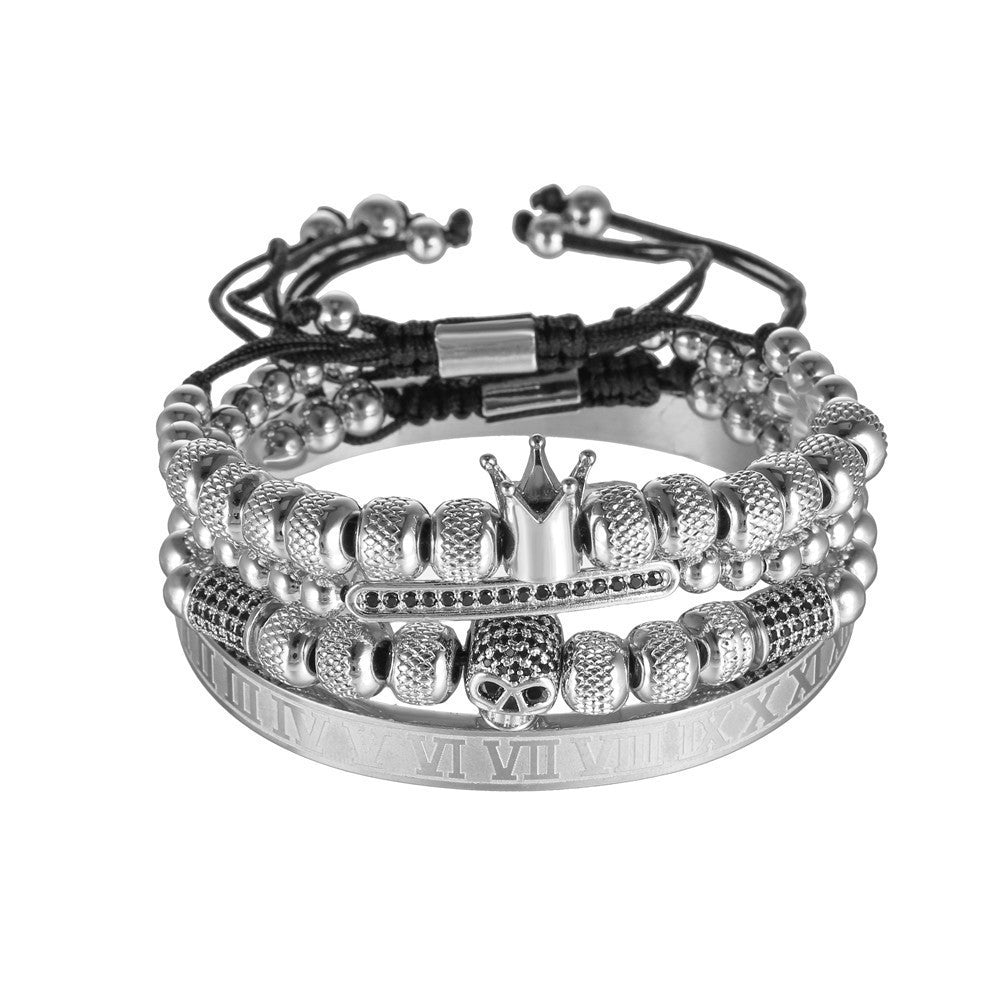 💀 „Stainless Steel Roman Letter Copper Inlaid Zircon Crown Skull Bracelet“ – Titanstahl-Armband mit römischen Zahlen, Krone und Zirkon
