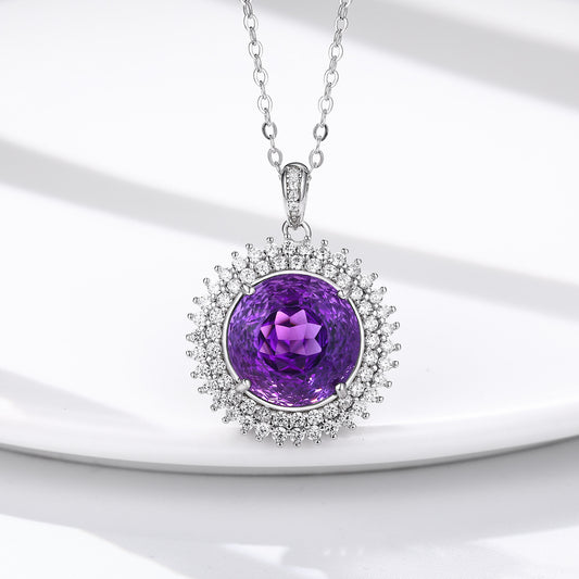 💜 „S925 Silber Set – Runde Vogelnest-Schliff Natürliche Amethyst-Halskette“