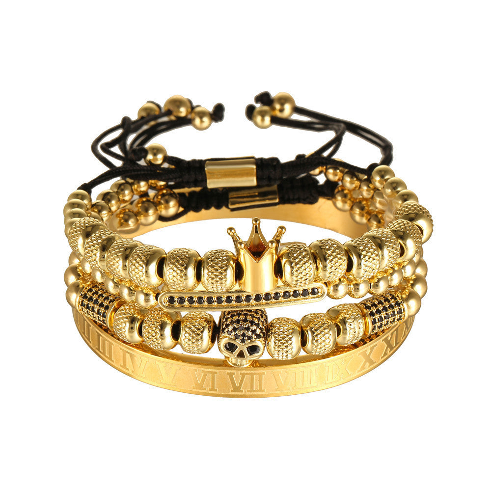 💀 „Stainless Steel Roman Letter Copper Inlaid Zircon Crown Skull Bracelet“ – Titanstahl-Armband mit römischen Zahlen, Krone und Zirkon