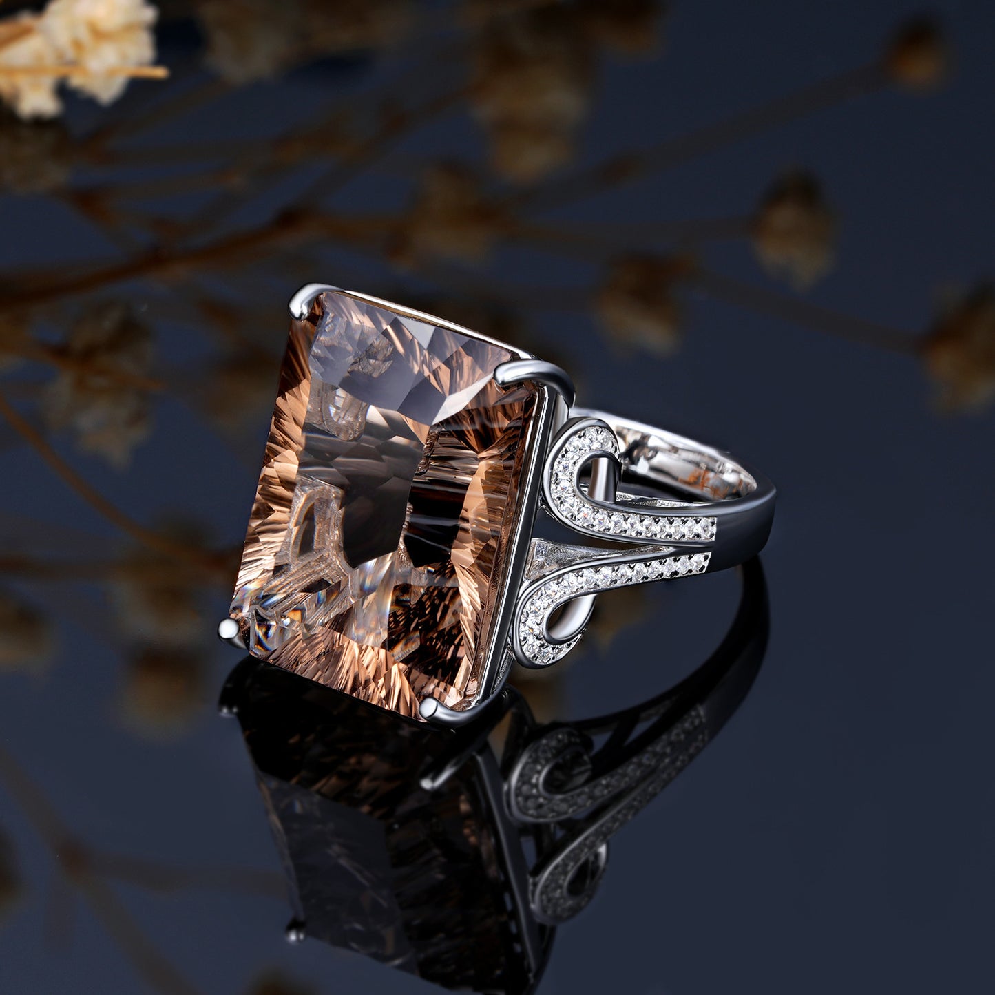 💎 „Natural Tea Crystal Ring – Geometrischer quadratischer Rauchquarzring aus 925er Silber“