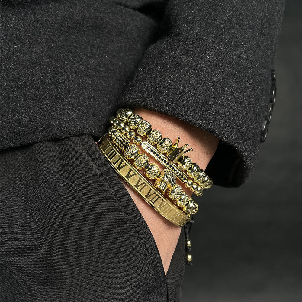 💀 „Stainless Steel Roman Letter Copper Inlaid Zircon Crown Skull Bracelet“ – Titanstahl-Armband mit römischen Zahlen, Krone und Zirkon